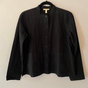 Eileen Fisher Women's XS Black Crepe Button Down Jacket Cotton Mandarin Collar